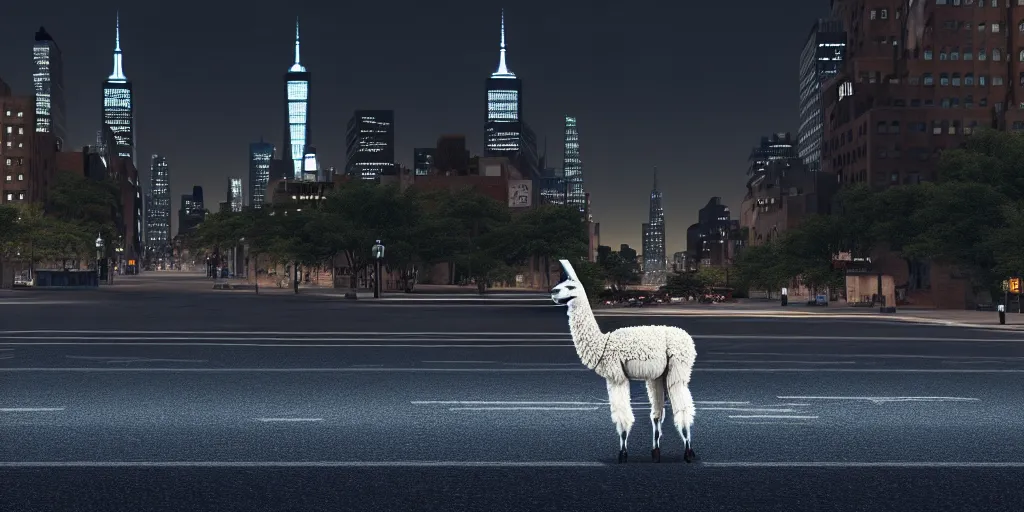 Image similar to a llama walking through a desolate manhattan city street at night, statue of liberty seen in the background, realistic 4 k octane beautifully detailed render, 4 k post - processing, highly detailed, detailed face, intricate complexity, epic composition, magical atmosphere, cinematic lighting, masterpiece, color picture, ultra hd