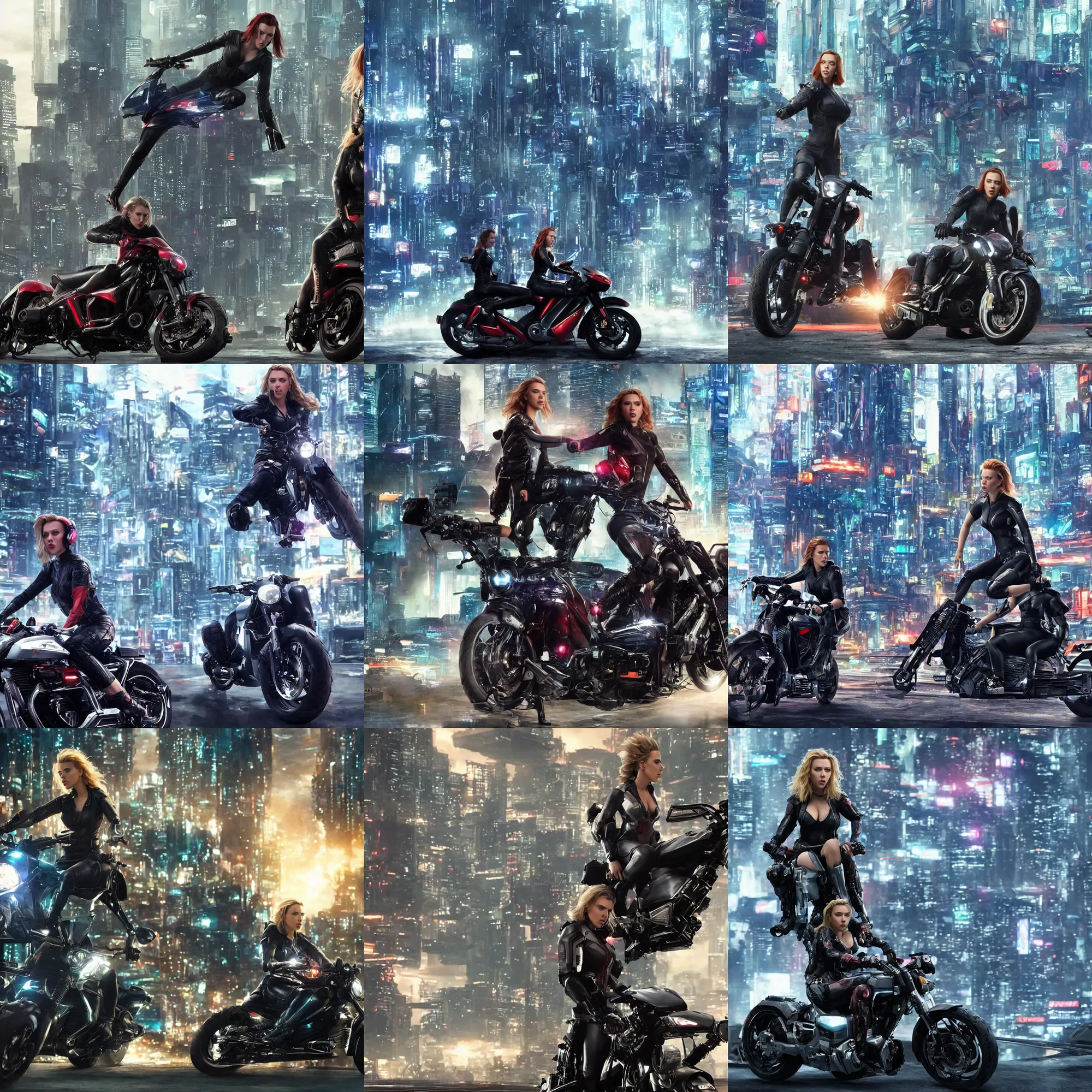 Image similar to scarlett johansson riding a futuristic motorbike in cyberpunk city, realistic, cinematic, hdr