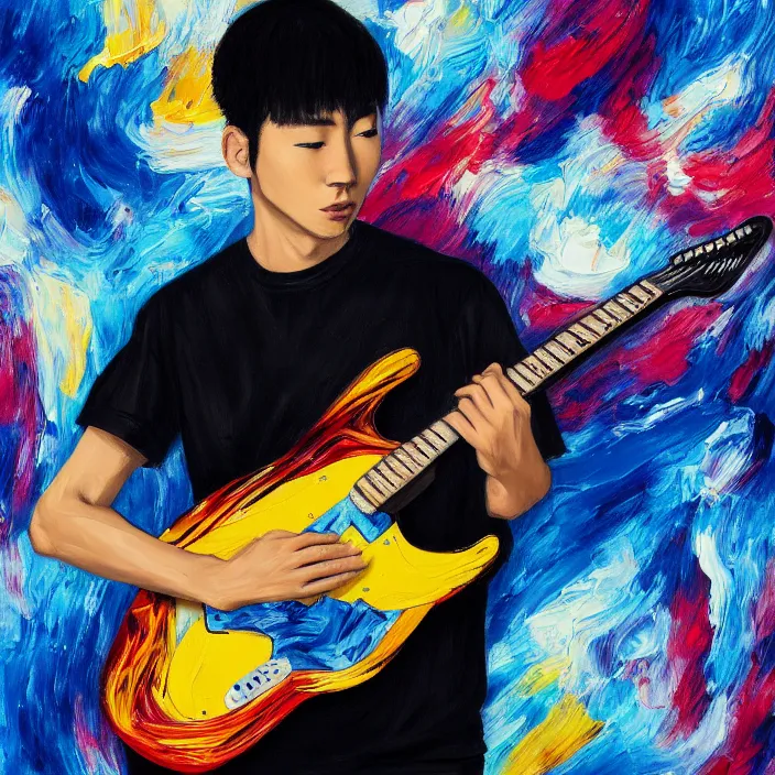 Prompt: abstract swirly brush strokes painting of a young korean man wearing black t shirt holding a telecaster!!! electric guitar!!, dark background, huge thick flowing dramatic brush strokes, matte colors, abstract, emotional masterpiece, impressionist, trending on artstation