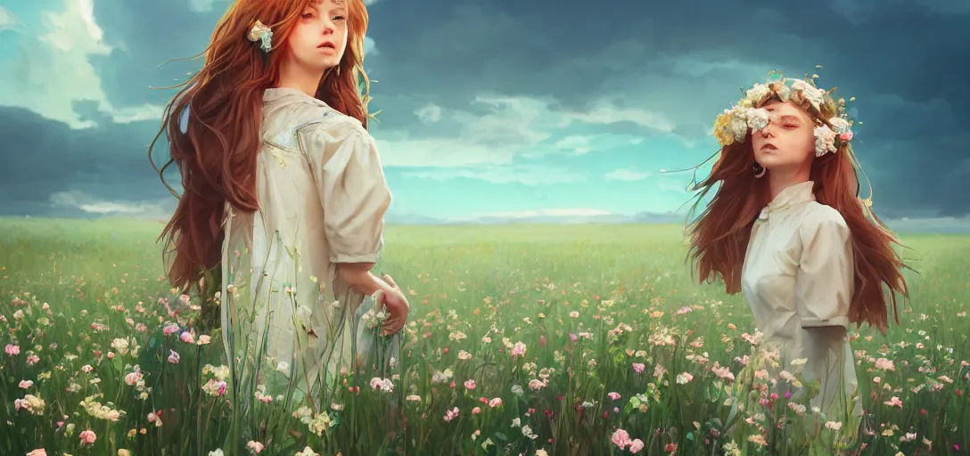 Image similar to a beautiful southern woman named Savannah, innocent, somber turquoise eyes, freckles, long ginger hair tied with white ribbon, relaxed in a field of flowers on a farm, gentle lighting, storm in the distance, western clothing, dress, digital art by Makoto Shinkai ilya kuvshinov and Wojtek Fus, digital art, concept art,