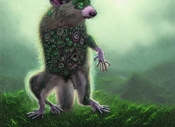 Image similar to full-body portrait of a anthro green zombie opossum fursona with long dark hair. Ruined stormy city. Glorious sun beams, intricate, elegant, highly detailed, digital painting, short focus, illustration, Allan Lee, John Howe