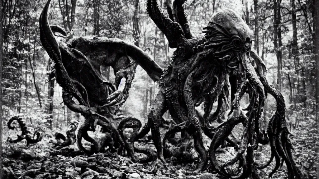Prompt: An epic photo of an ancient terrifying Cthulhu in dark forest, consuming and eating and destroying a futuristic. by Diane Arbus and Louis Daguerre. highly detailed. 85mm, Bokeh