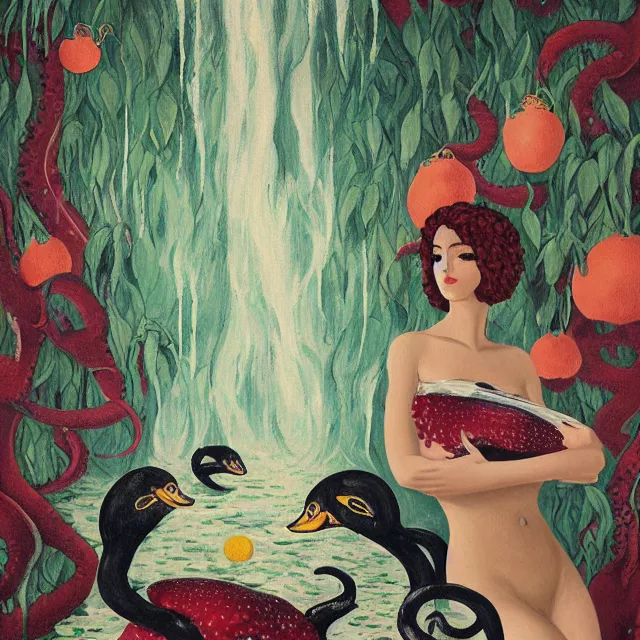 Image similar to tall female catgirl artist holding sheet music in her flooded apartment, pomegranates, octopus, water gushing from ceiling, painting of flood waters inside an artist's apartment, a river flooding indoors, mushrooms, ikebana, zen, rapids, waterfall, black swans, canoe, berries, acrylic on canvas, surrealist, by magritte and monet