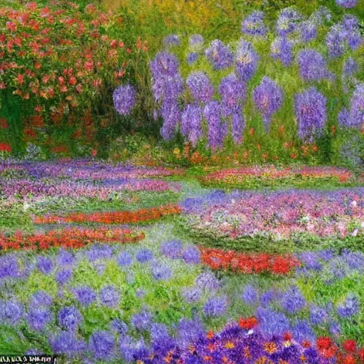 Image similar to a gorgeous garden on the edge of a cliff filled with beautiful flowers of blue and violet and pink from all around the world, monet