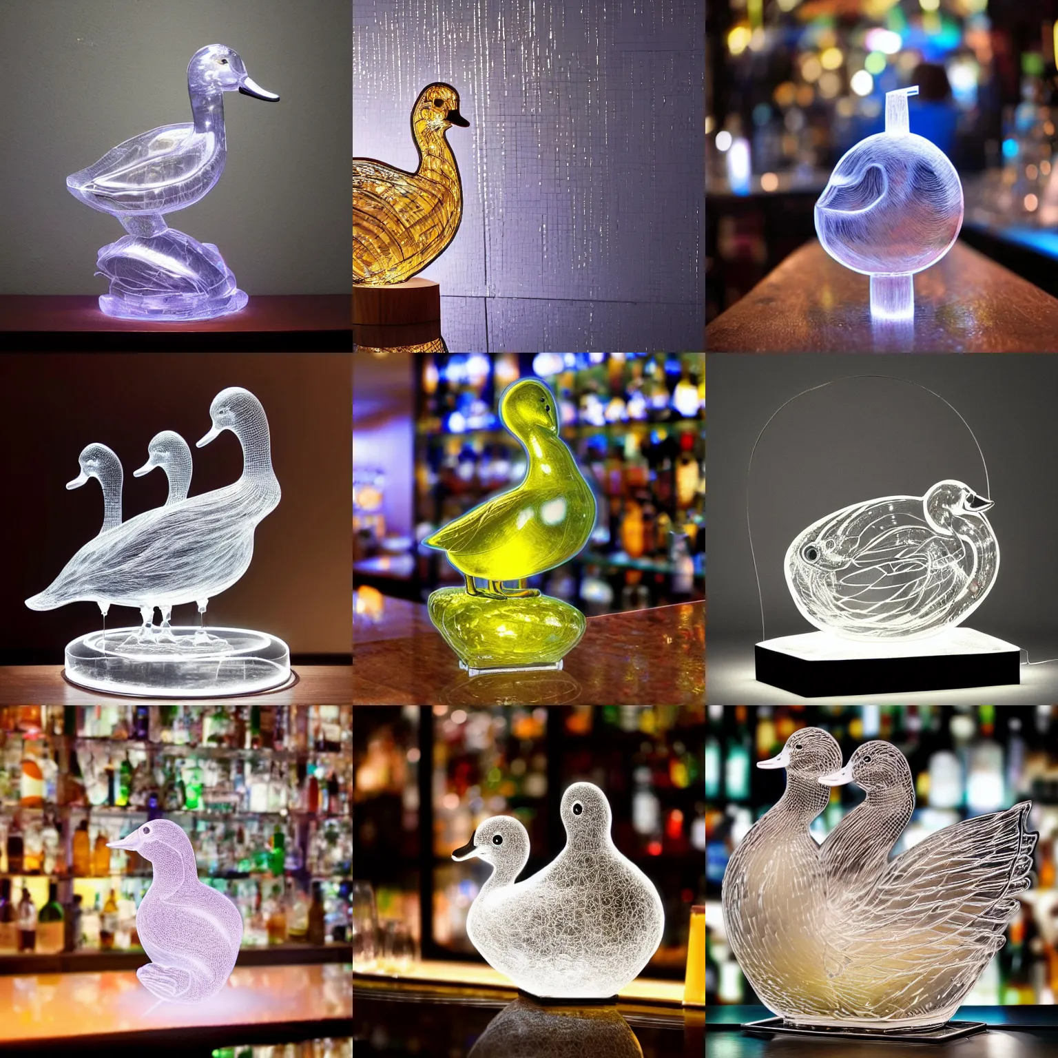 Prompt: real photo of a transparent bedim duck sculpture made of glass in a crowded bar, trending on artstation