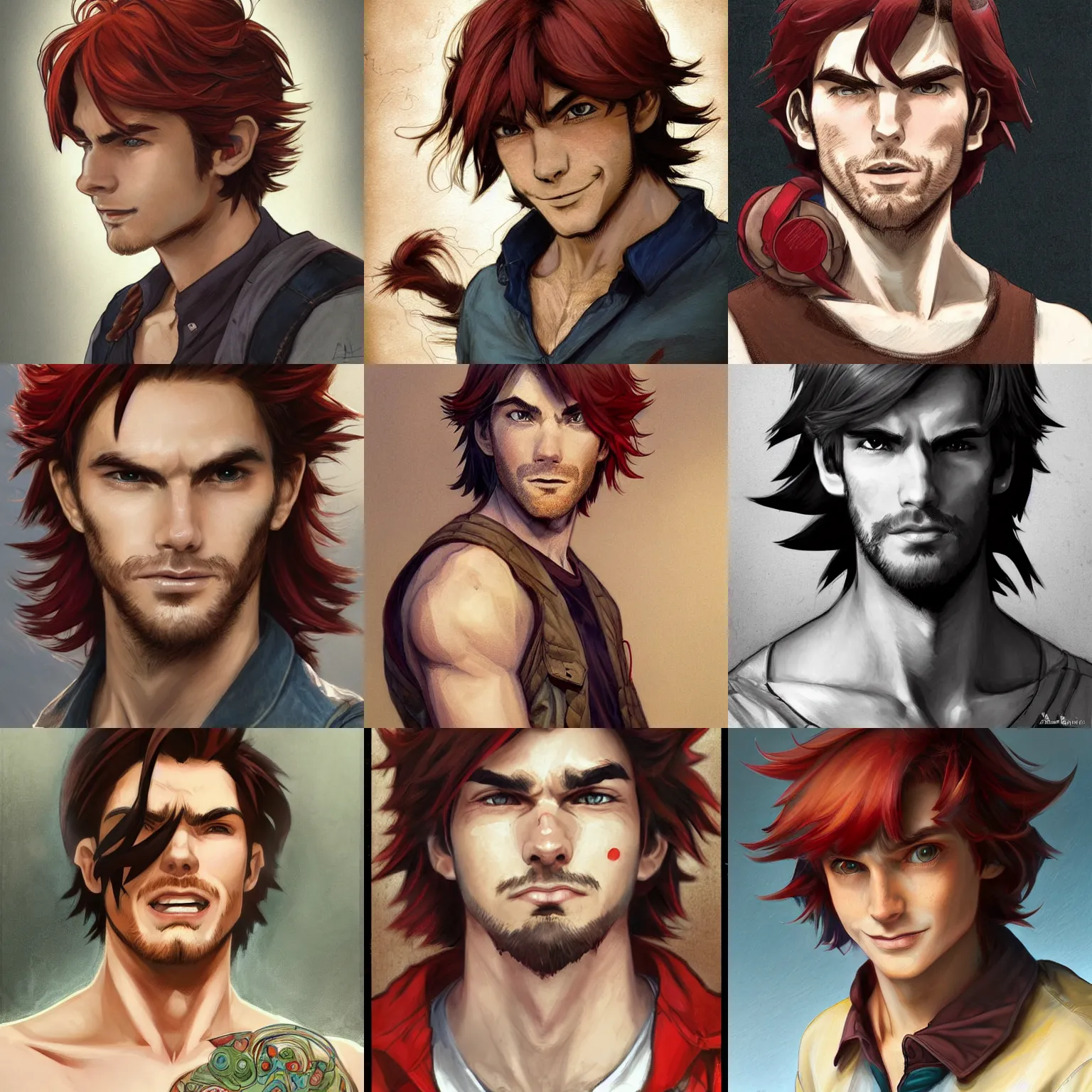 Prompt: portrait of a young ruggedly handsome but joyful ash ketchum, male, masculine, upper body, red hair, long hair, d & d, fantasy, fierce, sharp features, intricate, elegant, highly detailed, digital painting, artstation, concept art, matte, sharp focus, illustration, art by artgerm and greg rutkowski and alphonse mucha