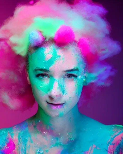 Image similar to a dramatic lighting photo of a beautiful young woman with cotton candy hair. paint splashes. with a little bit of cyan and pink