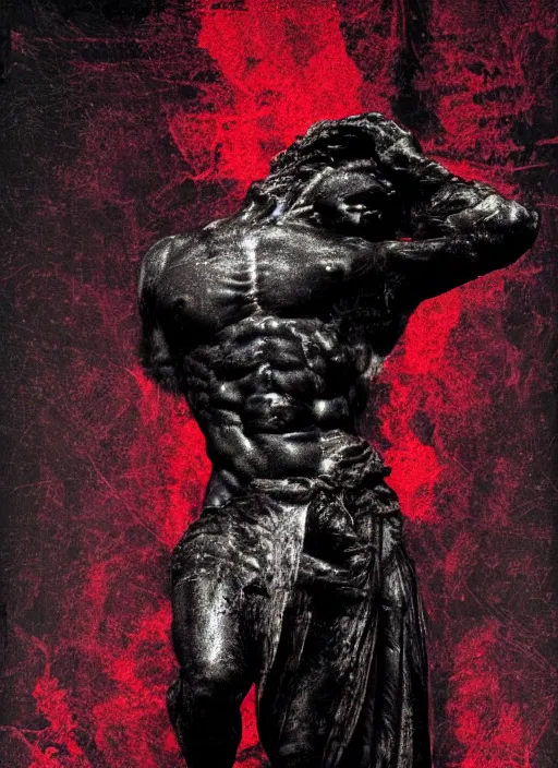 Image similar to dark design poster showing a close up of a heroic greco roman statue, black background with very subtle red and purple design elements, powerful, nekro, vito acconci, thin straight lines, dark, glitch art, neo vaporwave, gritty, layout frame, square, trending on artstation