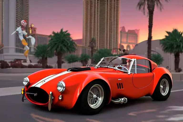 Prompt: a wholesome animation key shot of!! one!! focused!! ac cobra in gulf colors!!, in a las vegas street, medium shot, studio ghibli, ( pixar ) and disney animation, sharp, very detailed, high resolution, rendered in unreal engine 5, anime key art by greg rutkowski, bloom, dramatic lighting