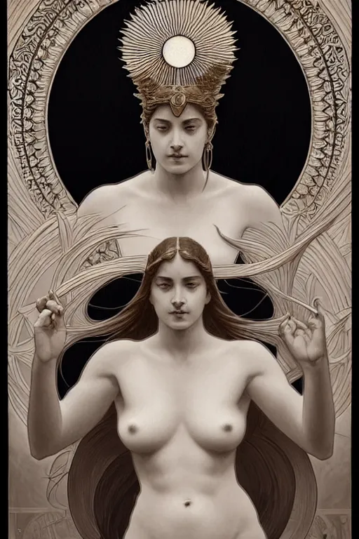 Image similar to symmetry!!!! intensely intricate tintype fan art of full frontal pose of a young sun goddess, protagonist, overtaking a young moon god, antagonist, intricate, elegant, highly detailed, my rendition, digital painting, artstation, concept art, smooth, sharp focus, illustration, art by artgerm and greg rutkowski and alphonse mucha