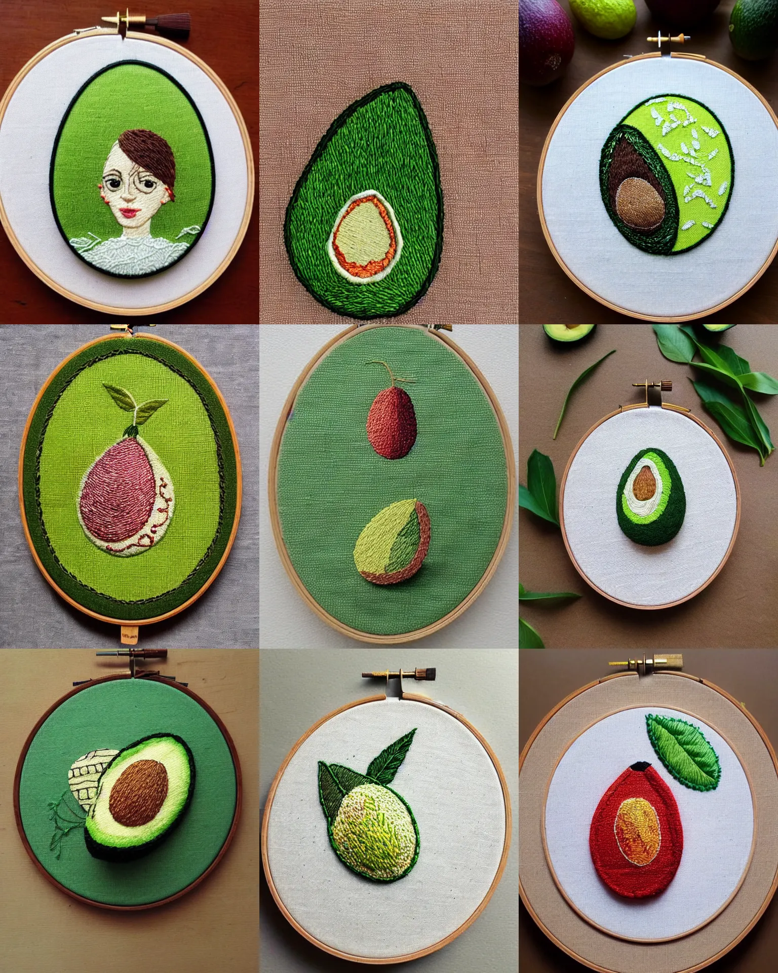 Prompt: a beautiful handmade embroidery of an avocado that looks like emma watson