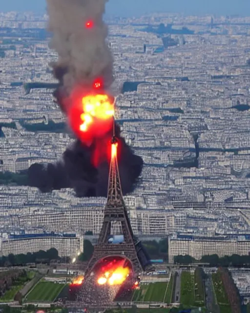 Prompt: tv report on two planes crash on the eiffel tower in paris. the planes are exploding on the eiffel tower with plenty of smokes