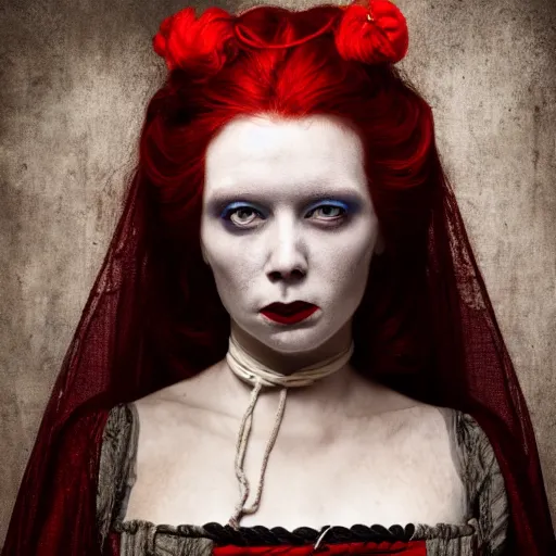 Prompt: dark portrait, death ultra red head woman in medieval dress, strangled with rope, bluish face, victorian style, high detail 8 k