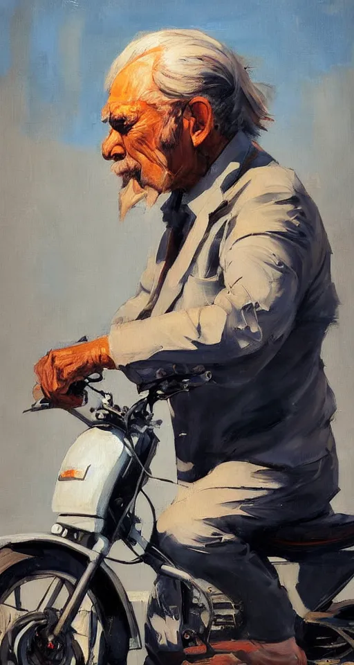 Prompt: greg manchess portrait painting of old man on moped motorbike, medium shot, asymmetrical, profile picture, organic painting, sunny day, matte painting, bold shapes, hard edges, street art, trending on artstation, by huang guangjian and ail elvgren and sachin teng