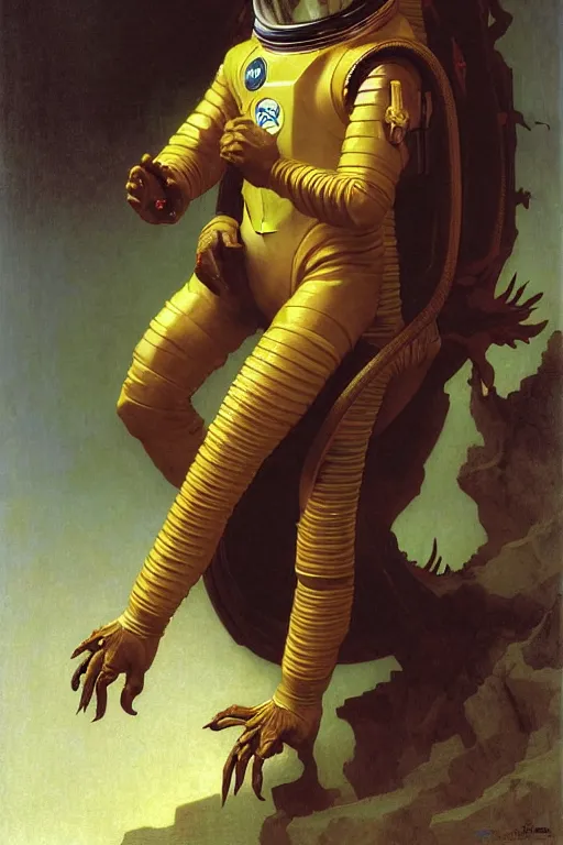 Image similar to a portrait of a gollum astronaut, wearing a chinese dragon spacesuit armor and helmet, in majestic, solemn, in space, by bouguereau