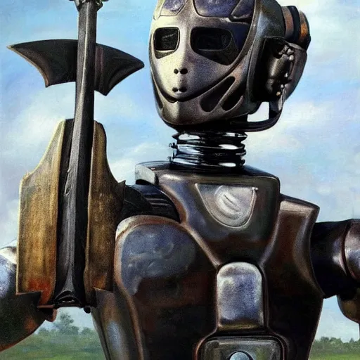 Prompt: a hyperrealistic magnificent robot holding a powerful sword, most beautiful image ever created, emotionally evocative, greatest art ever made, lifetime achievement magnum opus masterpiece, the most amazing breathtaking image with the deepest message ever painted, a thing of beauty beyond imagination or words