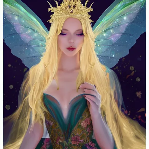 Image similar to a fairy queen with wings wearing a magic silk and lace robe with a hood, crown, pixie, iris, realism, emerald, galaxy, sapphire,blonde hair going down to the floor, moonlit, dark fantasy, dramatic lighting, cgsociety, artstation