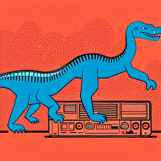 Image similar to memphis design, retro, 90s, detailed illustration, dinosaur samurai with a boombox