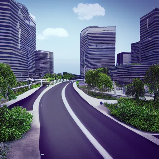 Image similar to road leading to a beautiful green modern city, octane render