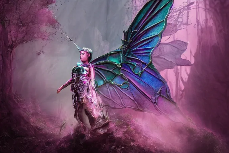 Image similar to pink iridescent battle armor on a fairy by eiko ishioka, 8K, detailed, HD, fairytale, dark tones, horror film, scary, matte painting, fantasy, full of colors, CGSociety, matte painting, realistic materials, photo-realistic, postprocessing, realistic, cinematic style, 35mm