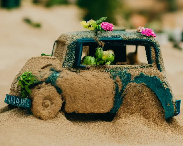 Image similar to 8 5 mm food photography of a car made of sand near a garden with dof and bokeh and flowers o