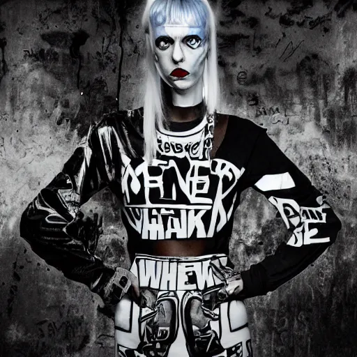 Image similar to die antwoord chappie, back and white, zef design graffiti in the background, dark lighting, digital art