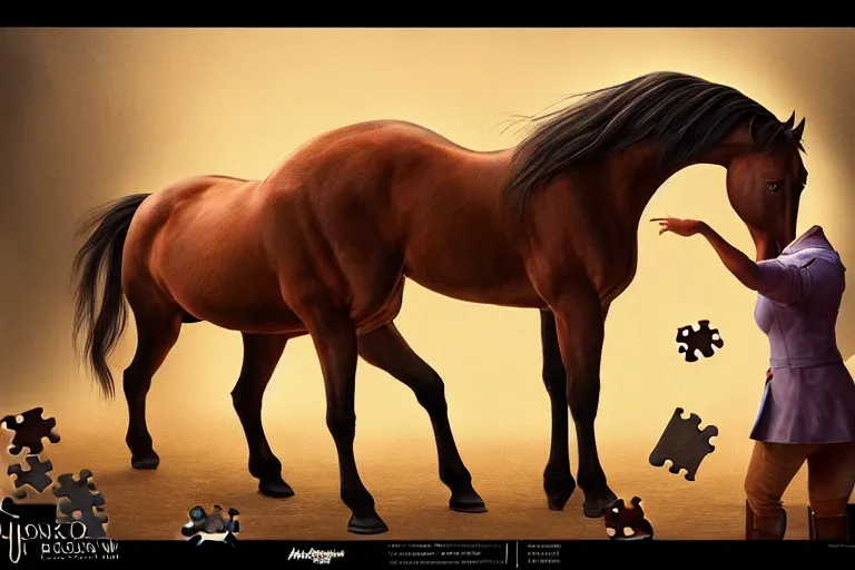 Prompt: A horse attempting to solve a jigsaw puzzle!!!, looking confused, cinematic lighting, evening light, stables, digital painting, volumetric light, concept art, trending on artstation