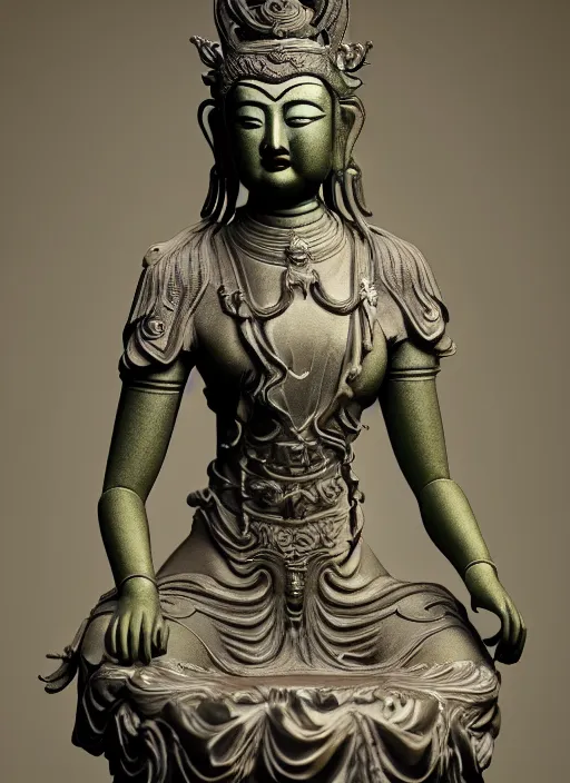 Image similar to a art deco sculpture statue of full body guanyin, intricate complexity,, statue by jane hamilton, ruan jia, character concept, radiant light,, frostbite 3 engine, cryengine, dof, trending on artstation, digital art, fantasy detailed abackground