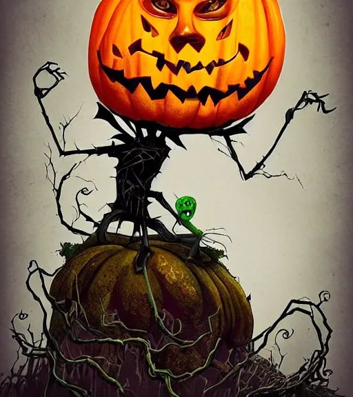 Prompt: a tim burton design of a fat creepy pumpkin king, with a pumpkin head, limbs made from vines, sitting on a stone throne, detailed game art illustration, menacing carved facial expression, creepy lighting, dynamic pose, 4 k artstation, masterpiece