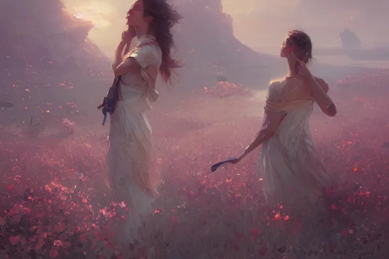 Image similar to a beautiful painting of the sea of flower, girl, by greg rutkowski, trending on artstation