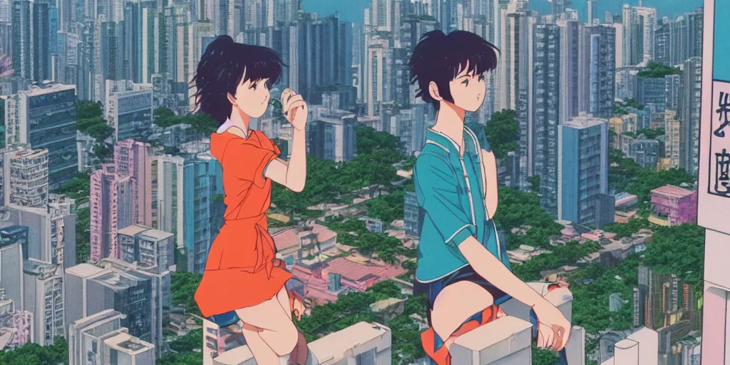 Prompt: girl smoking at rooftop overlooking hong kong, sprite, vaporwave nostalgia, directed by beat takeshi, visual novel cg, 8 0 s anime vibe, kimagure orange road, maison ikkoku, sketch by osamu tezuka, directed by makoto shinkai and beat takeshi