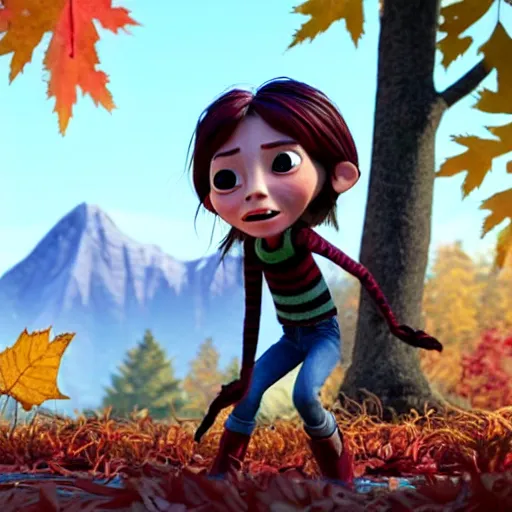 Image similar to a stopmotion animation character, a beautiful canadian woman, gardening, very attractive, messy dark grey hair, striped sweater, tight denim jeans, maroon doc marten boots, canadian maple leaves blowing about, mountains, autumn, unreal engine 5, 8 k, kubo and the two strings, disney, pixar,