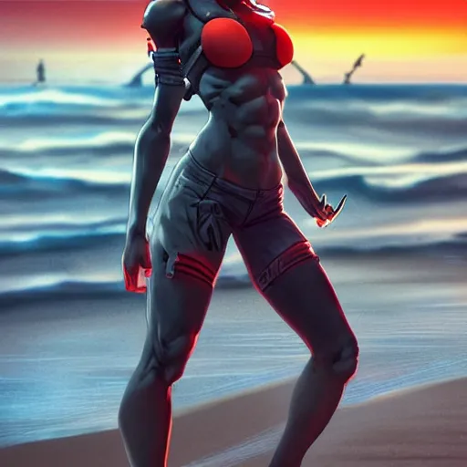 Prompt: full body character deisgn by artgerm, yoji shinkawa, greg rutkowski. cute eastern european cyborg scarlet red haired woman, steel gray body, denim shorts, cropped shirt with jacket, beach sunset background, soft smile, bold pose, 8 k ultra detailed, elegant, octane render