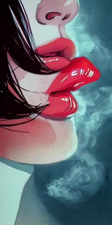Prompt: profile side view of the lips of a young filipino woman, smoke is coming from her mouth, surrounded by thick swirling smoke, by conrad roset, long paint brush strokes, dramatic lighting, abstract painting trending on artstation