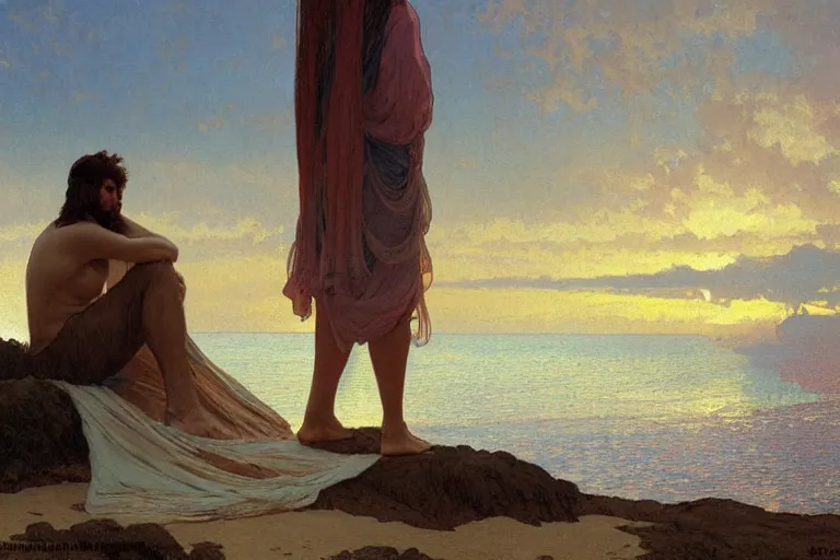 Image similar to a matte painting of a man watching the sunset wife his girlfriend by the beach, by greg rutkowski, by alphonse mucha, muted colors