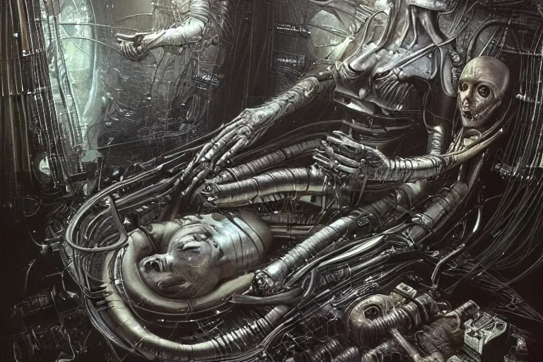 Image similar to the birth of the cyborg sleeping chambre / artificial womb by hr giger. hedonic imperative expressed as a pan - species techno - utopia imagined by jim burns and james gurney, wayne barlowe,. masterpiece scifi artwork, retro, trending on artstation, 8 k