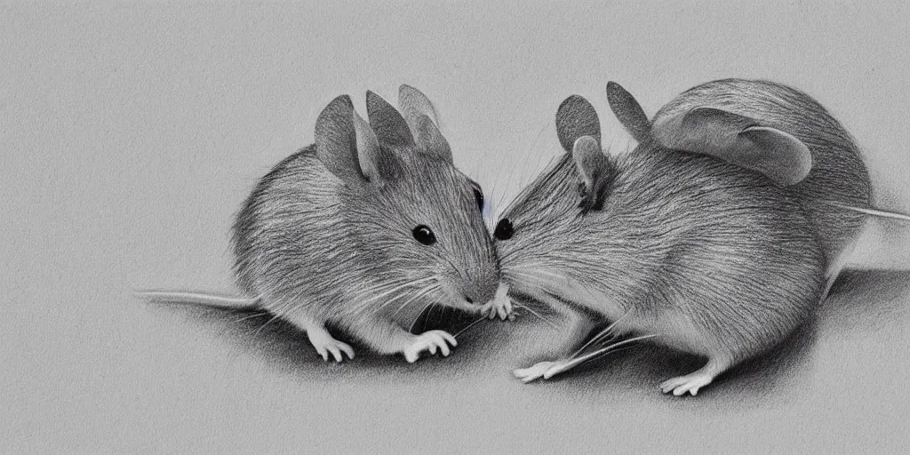 Image similar to a beautiful pencil drawing of two cartoon mice; masterpiece; extremely highly detailed; ultra-realistic; trending on artstation