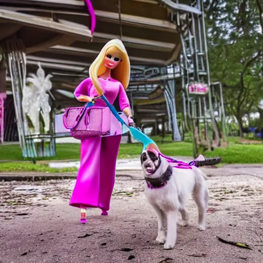 Prompt: barbie walking her dog in an abandoned amusement park