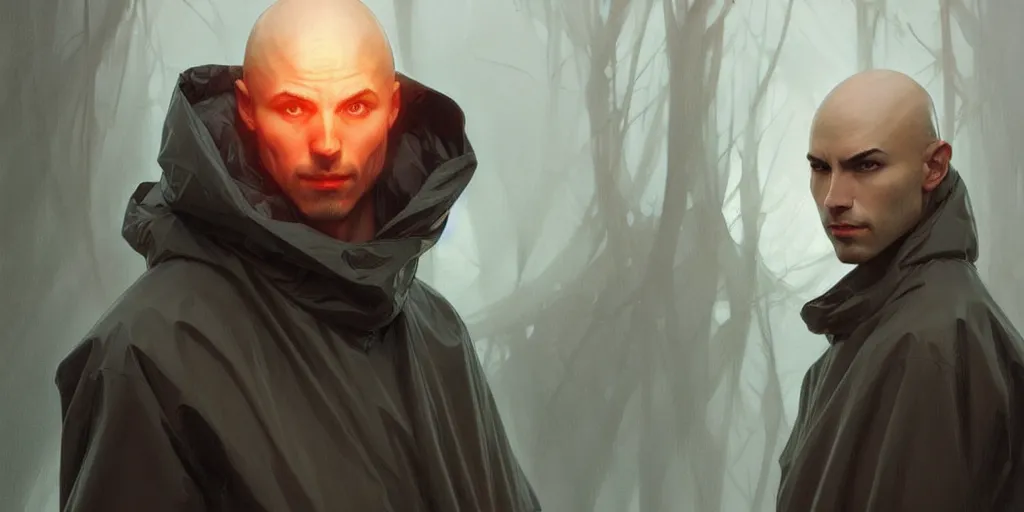 Prompt: european ( ( ( ( bald young man ) ) ) ) dressed in raincoat, male, clear face, masculine, upper body, highly detailed, digital painting, artstation, concept art, matte, sharp focus, illustration, art by artgerm and greg rutkowski and alphonse mucha