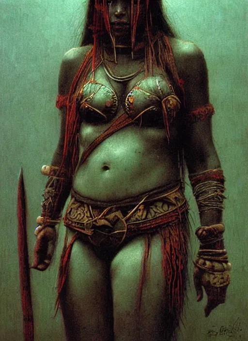 Image similar to barbarian warrior girl in tribal painting by Beksinski