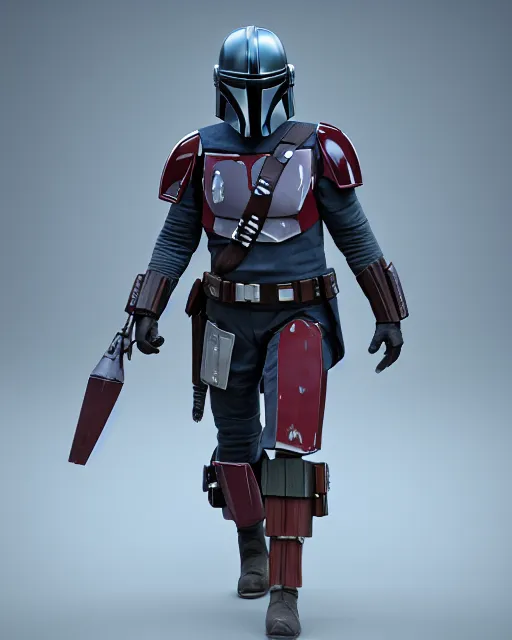 Image similar to off angle beautiful full body shot film still of the Mandalorian at night in science fiction city, hard surface modeling, unreal, redshift, 3d model, 8k