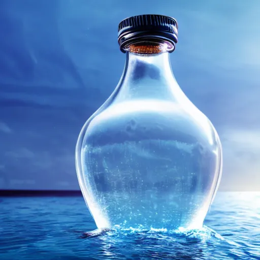 Image similar to a human head in a bottle water art manipulation, on the ocean water, futuristic, glowing, hyper realistic, ray tracing, realistic water splashes, sharp focus, long shot, 8 k resolution, cinematic, photoshop art