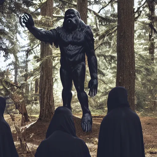 Image similar to black robed group of occultist worshipping a bigfoot statue