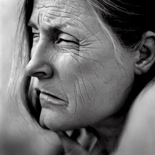 Image similar to a candid extreme closeup portrait of an expressive face of a bored happy woman by annie leibovitz