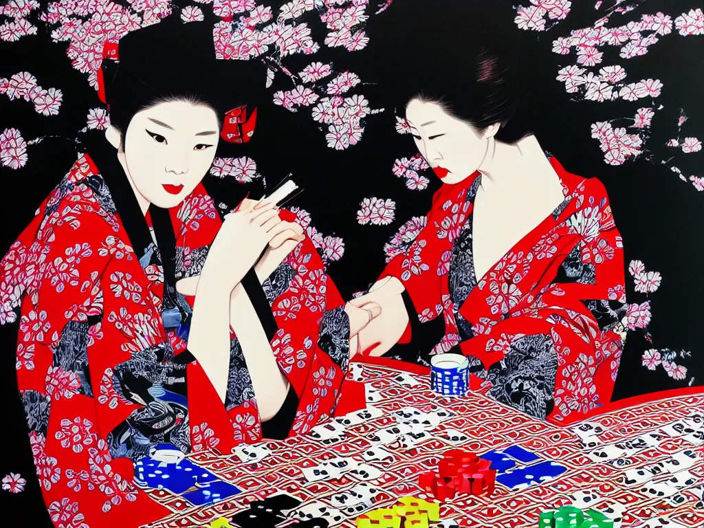 Image similar to hyperrealism composition of the detailed woman in a japanese kimono sitting at an extremely detailed poker table with darth vader, fireworks and folding screen on the background, pop - art style, jacky tsai style, andy warhol style, acrylic on canvas