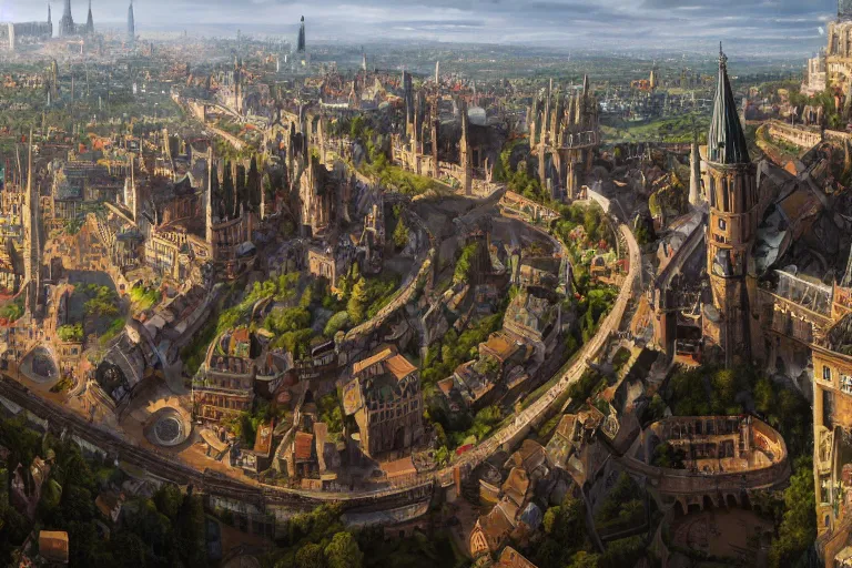 Prompt: an ultra detailed matte landscape painting of an german renaissance capital city built on top of a large hill with many tall spirally towers, sweeping vista, german renaissance architecture, ultrawide lens, aerial photography, 8 k, volumetric lighting, smooth, highly detailed, digital illustration, art by greg rutkowski and akira toriyama and artgerm