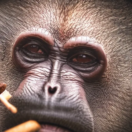 Image similar to a high detail closeup shot of a depressed monkey wearing a suit and smoking a cigar