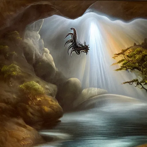 Image similar to oil painting of a dragon flying in the air near a cave with a waterfall in the center, light emanating from the waterfall leading to a big pool of water, dragon has black and white siberian tiger stripes, elegant, sharp focus, wide shot, clear, detailed, early renaissance