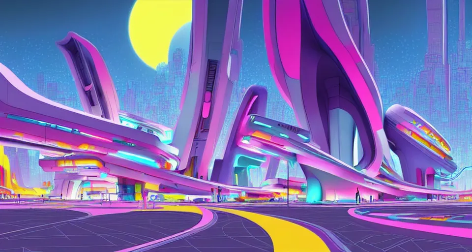 Image similar to a layout of amazing brightly colored sci - fi city designed by zaha hadid, cinematic lighting, detailed, beautiful colors, by greg rutowski and studio ghibli