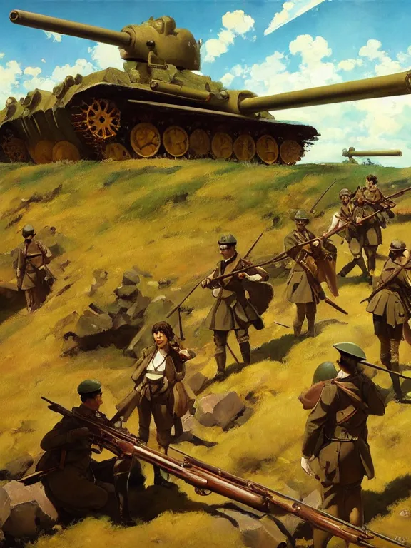 Prompt: classical oil painting of anime key visual environment concept art of the 1 9 1 8 great war, anime maids riding early tanks, matriarchy, old bolt action rifles, trending on artstation, brush strokes, oil, canvas, style of kawacy makoto shinkai jamie wyeth james gilleard edward hopper greg rutkowski, preserved historical